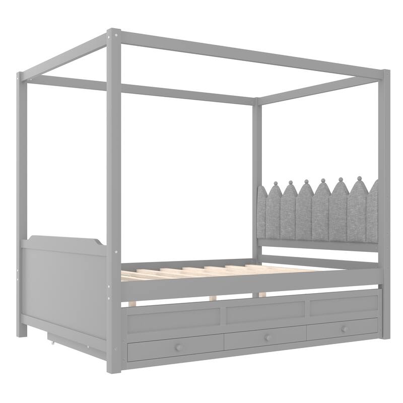 Roomfitters Canopy Bed with Trundle and Drawers, Upholstered Crown Headboard, Solid Wood Frame