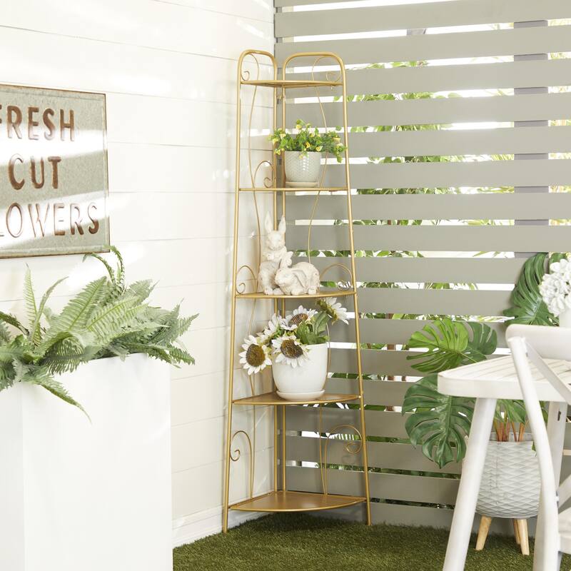 Metal Scroll Indoor Outdoor Tall Folding 5 Shelves Bakers Rack - Gold or White - Roche River Decor