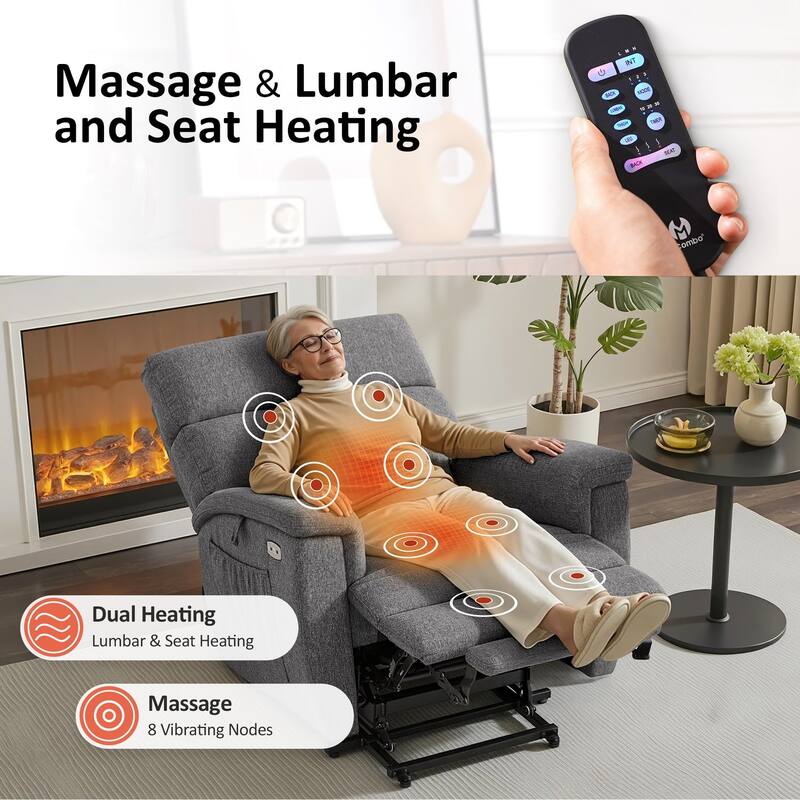 MCombo Power Recliner Lift Chair with Massage, Dual Heating and Adjustable Headrest for Big Elderly People, Fabric R7605