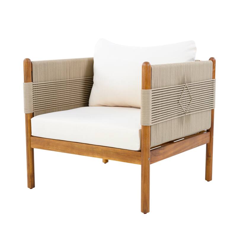 Christopher Knight Home - Outdoor Patio 29.72" Acacia Wood Club Chair with Handwoven Rope Panels and Cushions