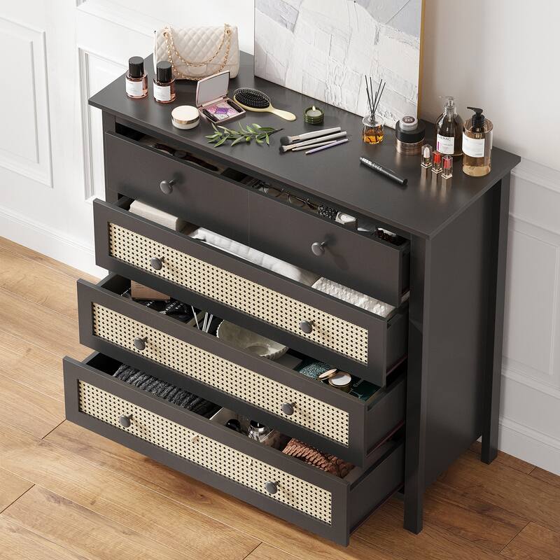 Anmytek Black 4-Drawer Rattan Sideboard Buffet Cabinet with Anti-Tipping Device Timber Frame for Kitchen,Living Room - N/A