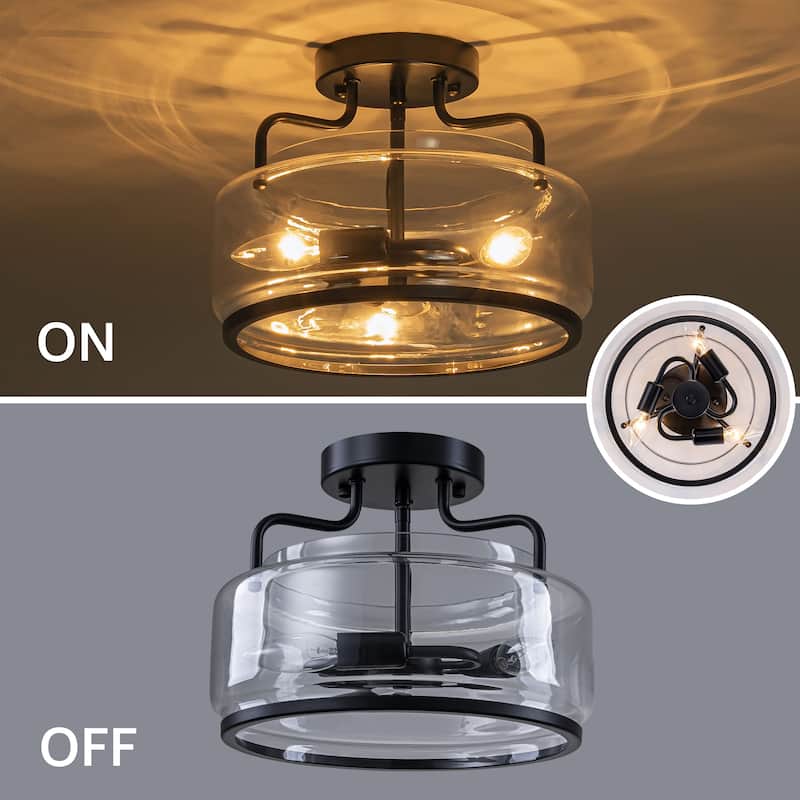 Starsky 3-Light Farmhouse Clear Glass Drum Flush Mount - Black