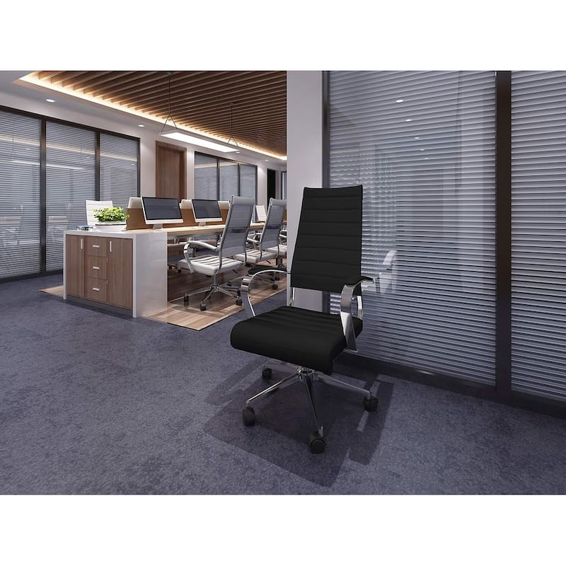 Modern Brown High Back Office Chair Ribbed PU Leather Swivel Conference Room Computer Desk Visitor Vintage Retro Boss