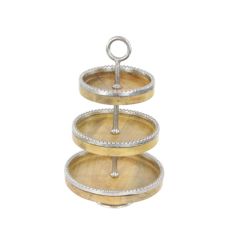 Mango Wood 3 Level Tiered Server with Silver Accents - Brown - Roche River Decor - Brown