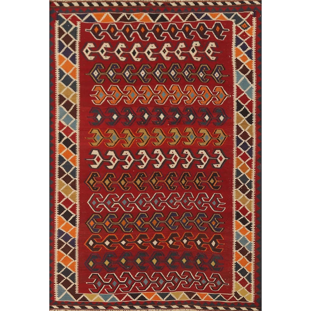 Geometric Kilim Qashqai Persian Vintage Rug Hand-Woven Wool Carpet - 5'2" x 7'7"