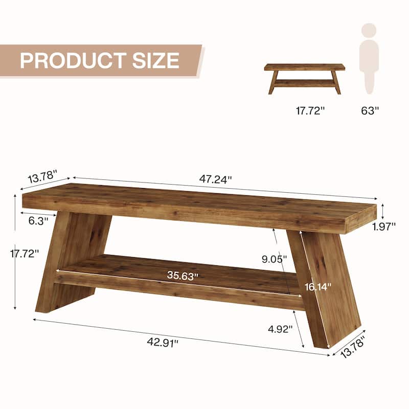 Solid Wood Entryway Bench, 2-Tier Shoe Bench with Open Shelves