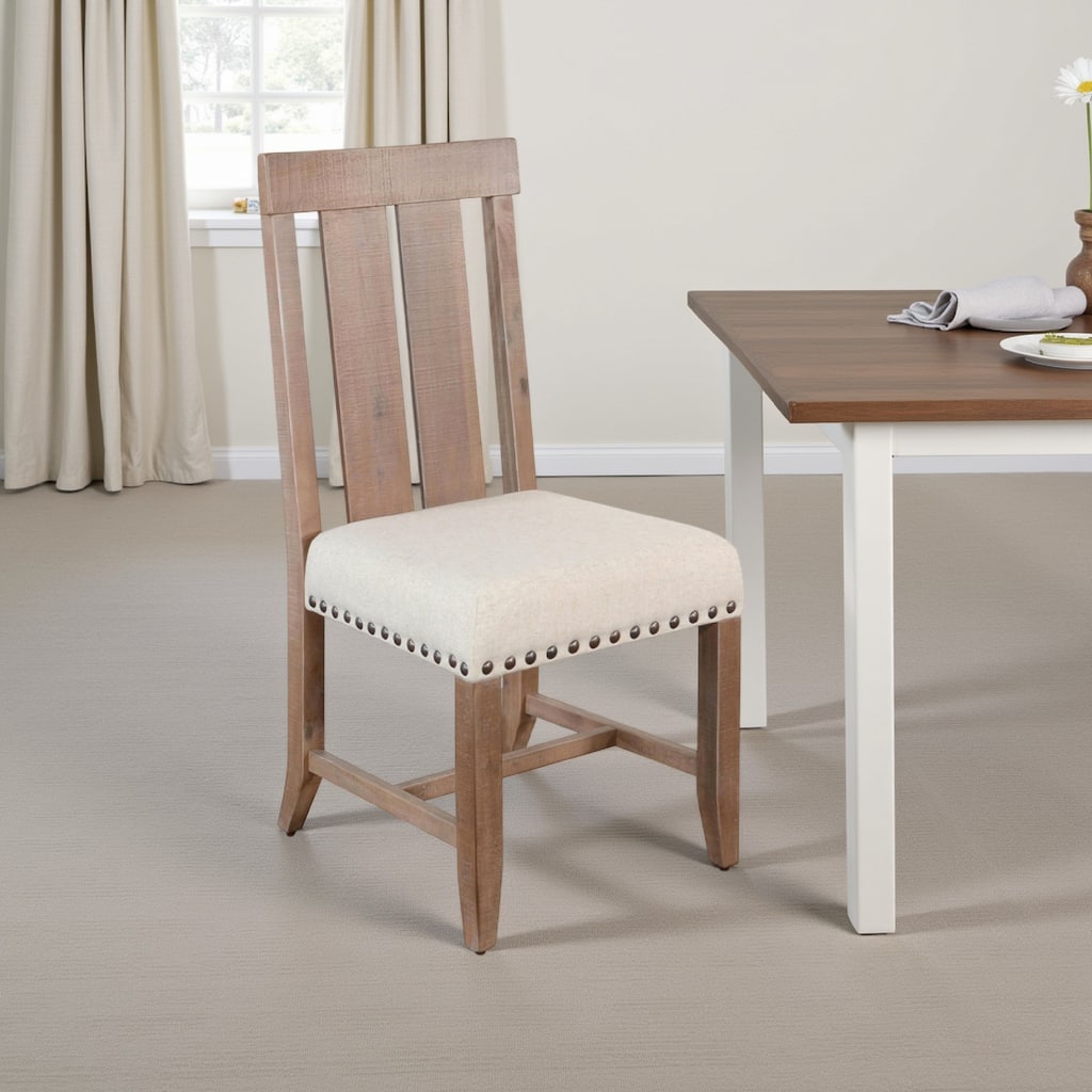Anva Dining Chair Set of 2, Slat Back, White Fabric, Dark Brown Wood