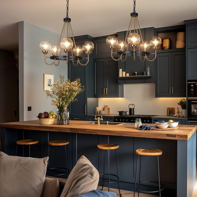 Modern 5-Light Black Gold Wagon Wheel Chandelier Glass Pendant Light for Dining Room - 22" D x 21.5" H