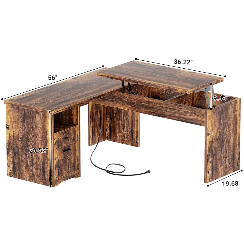 Modern Farmhouse Lift Top L-Shaped Desk with Charge Station, Corner Desk with File Drawers for Home Office