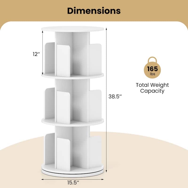 Space-Saving 3-Tier Rotating Bookshelf Storage Rack Tower with Divided Shelves Ideal for Photos or Decor - 15.5" x 15.5" x 38.5"