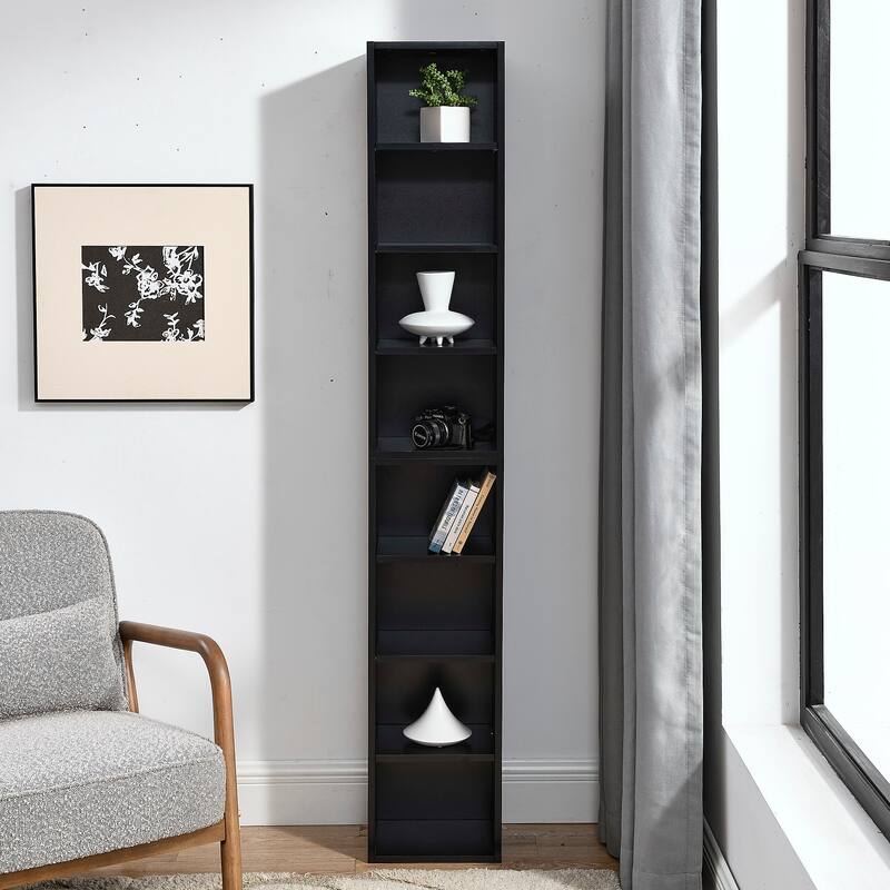 Roomfitters 8-Tier Tall Narrow Bookcase with Adjustable Shelves, Slim Storage Tower for Books, CDs, DVDs, and Décor