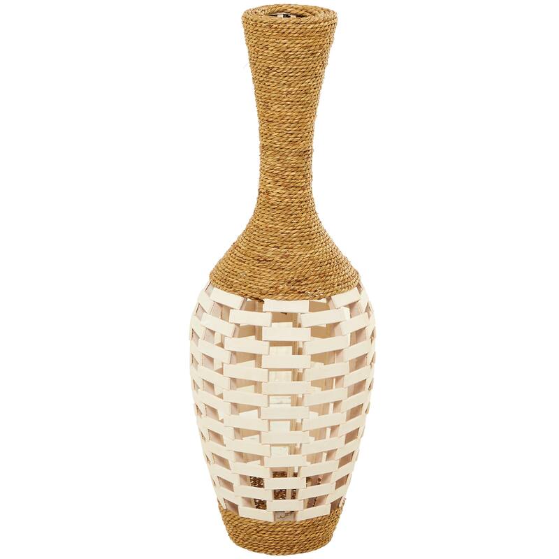 Brown Seagrass Handmade Wrapped Tall Floor Vase with Open Framed Cream Bamboo Center