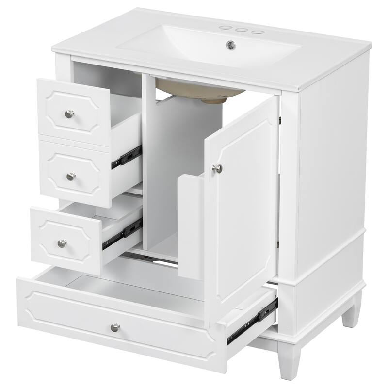 30" Bathroom Vanity With Sink, Freestanding Vanity Cabinet With Ceramic Basin, 3 Drawers, Storage Shelves Included