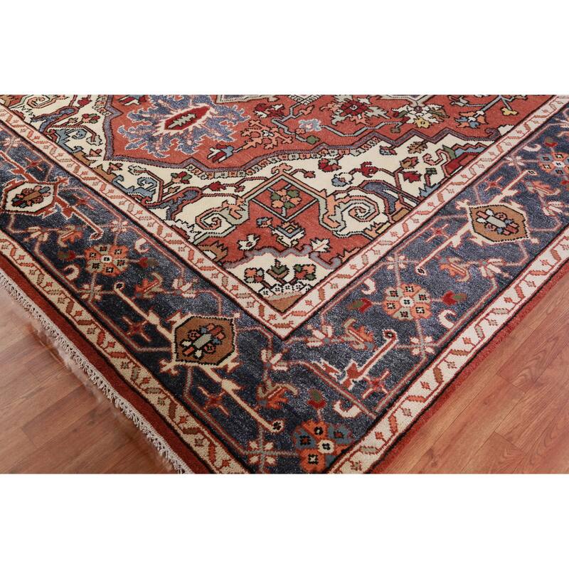 Hand Knotted Oriental 100% Wool Carpet Traditional Medallion Oranges & Rust Heriz (serapi) Area Rug - 13' 9'' X 9' 11''
