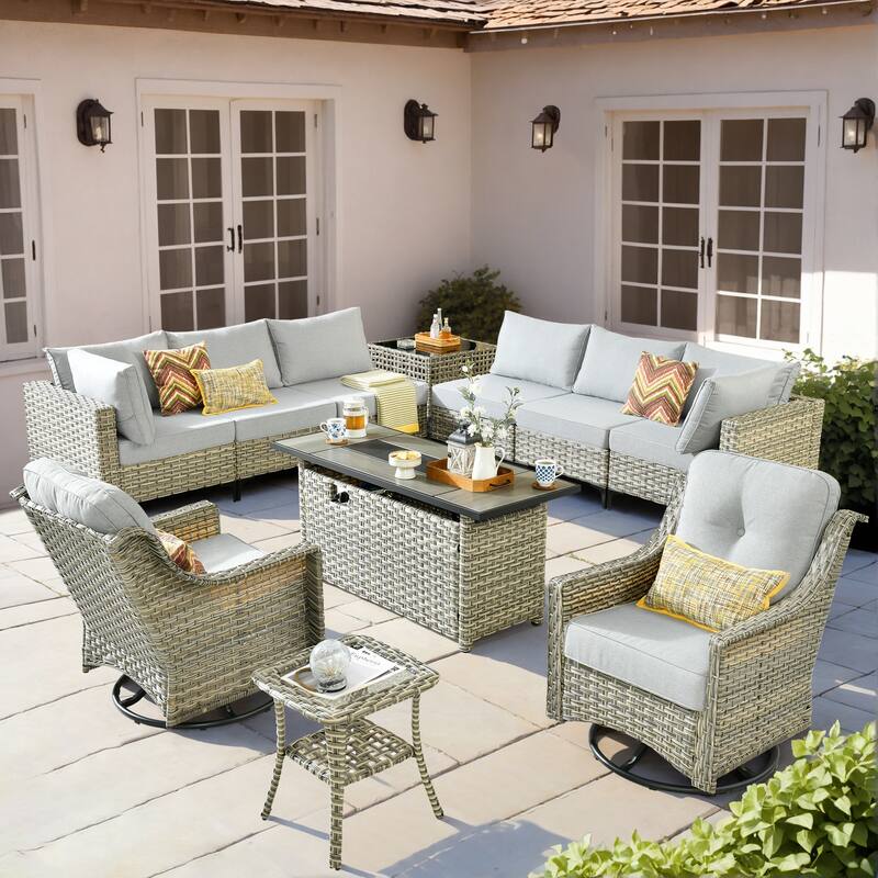 OVIOS 11-Piece Outdoor Wicker Swivel Chair Set With Solar-Powered Coffee Table&Fire Pit - Light Gray