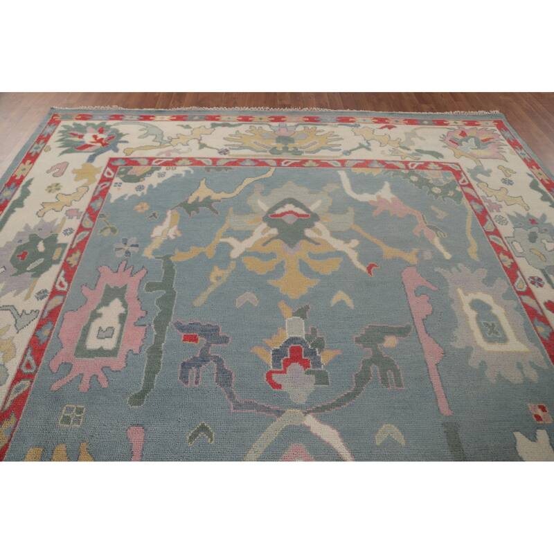 Light Blue Oushak Area Rug Hand-Knotted Transitional Wool Carpet - 9'1" x 11'9"