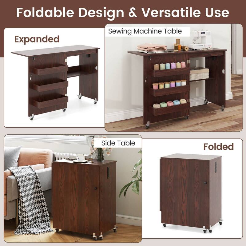 Costway Folding Sewing Table Rolling Craft Station with 3 Storage Bins - See Details