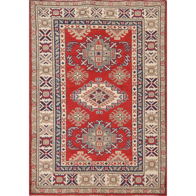 Geometric Kazak Rug Hand-Knotted Accent Wool Carpet - 3'4"x 4'9"