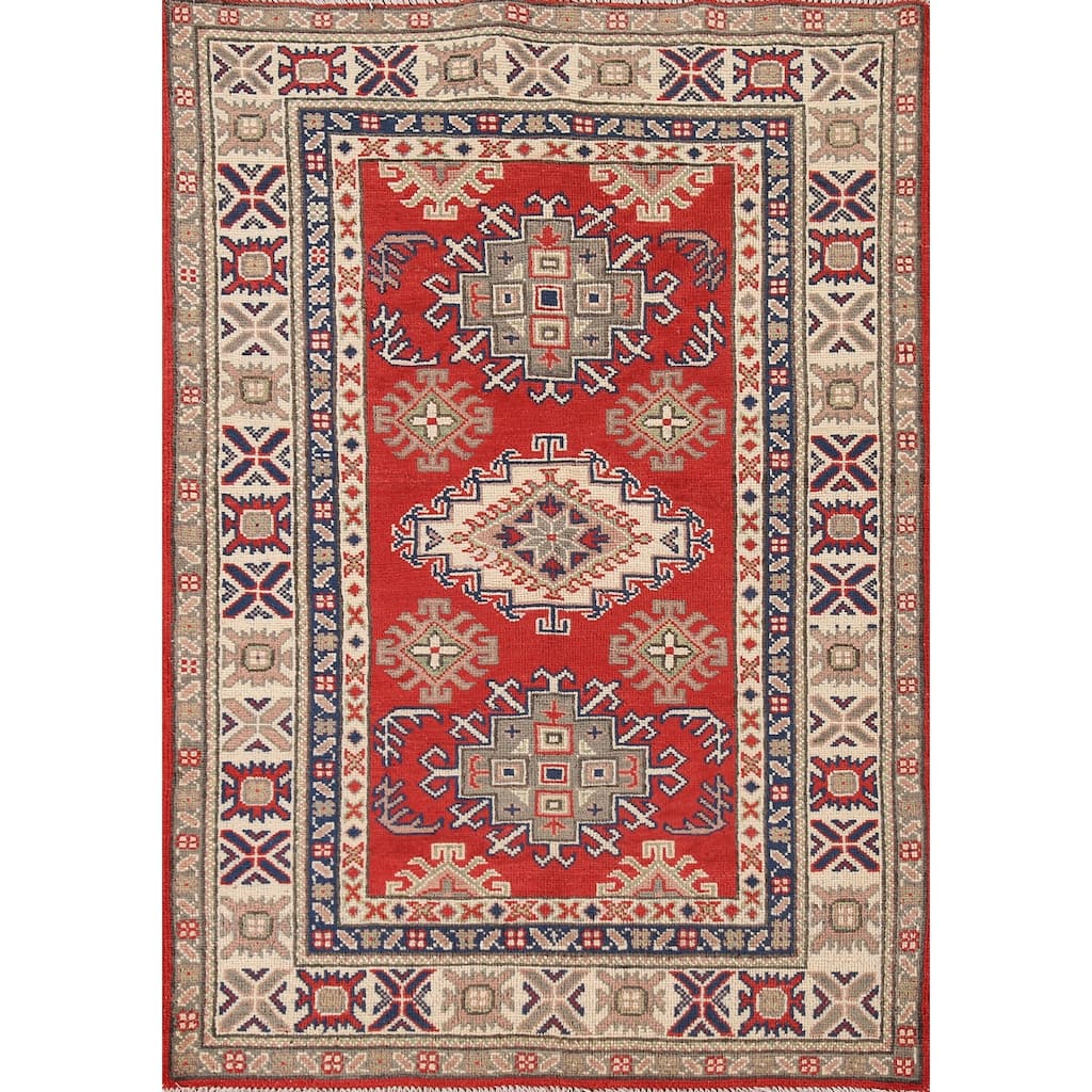 Geometric Kazak Rug Hand-Knotted Accent Wool Carpet - 3'4"x 4'9"