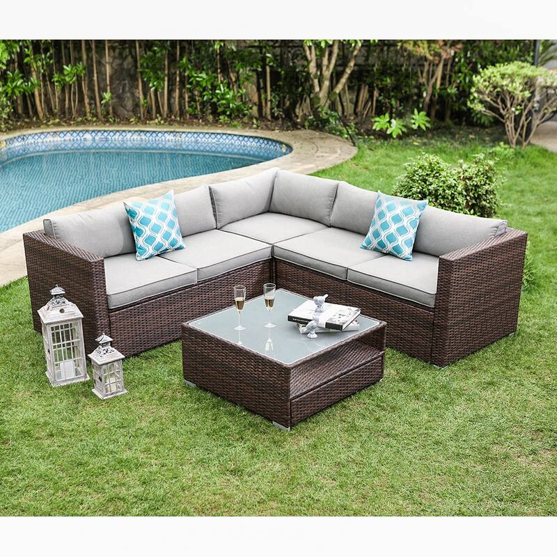 COSIEST Wicker Outdoor Sectional Set with Coffee Table & Cover - Warm Grey