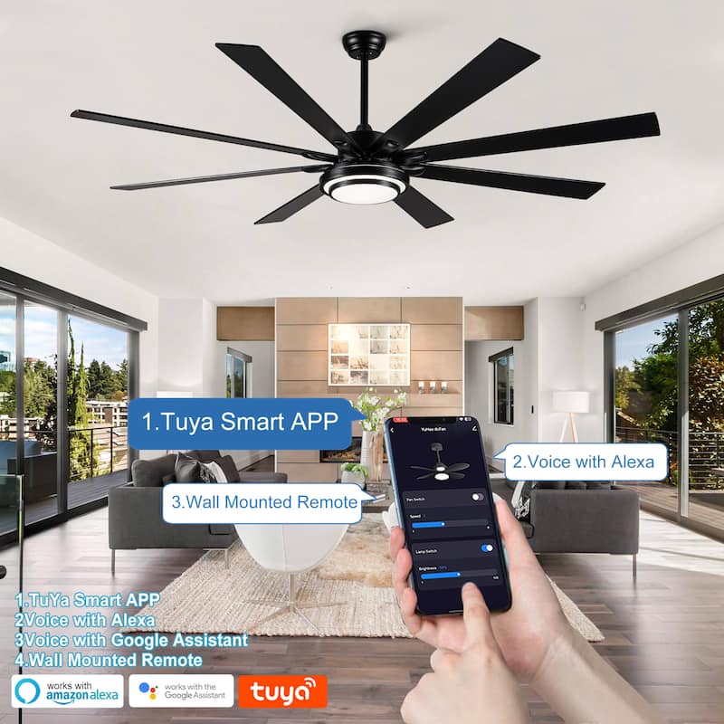 52"/66"/72"/76 Inch Modern Ceiling Fan with Dimmable LED Light ,Remote&APP Control,8 Blades for Large Living Room,Porch