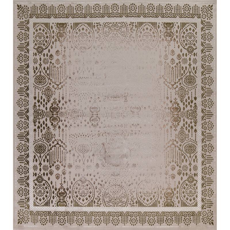 Turkish Geometric Damask Transitional Oriental Rug Home Decor Carpet - 9'10" x 9'10" Square - Beige