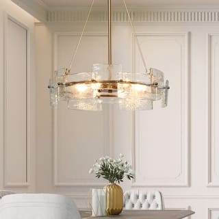 Modern Glam Gold 6-Light Drum Chandelier Textured Glass Pendant Light for Dining Room - D 20.5" x H 24"