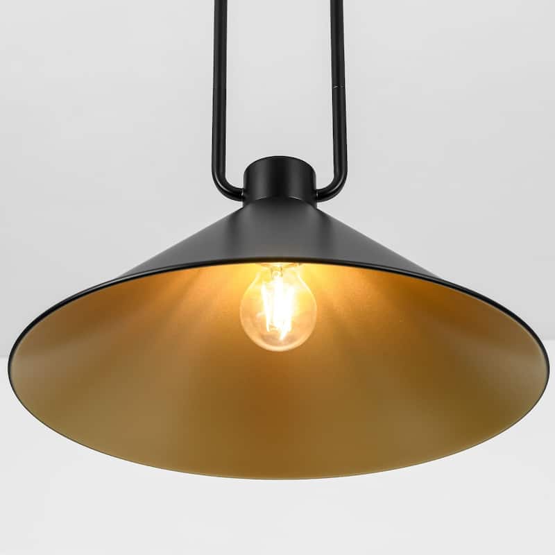 1-Light Vintage Industrial Black and Gold Interior Metal Cone Pendant Light with Adjustable Rods - 15.75 in. W x 7.48 in. H