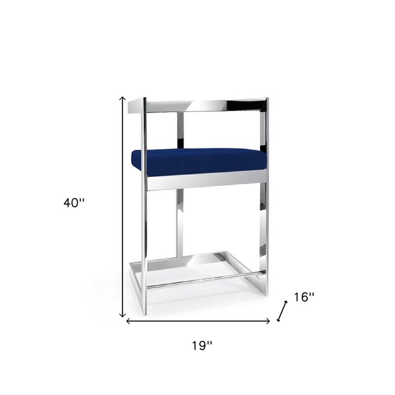 HomeRoots 26" Blue and Silver Metal and Velvet Low Back Counter Height Bar Chair