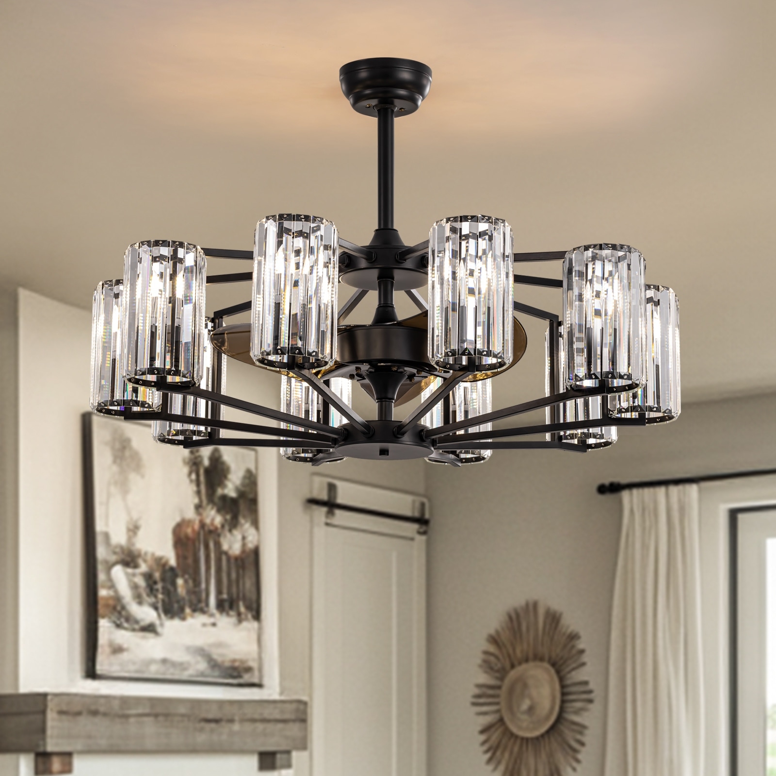 36 in. Vintage Downrod Mount Crystal Glass Caged Ceiling Fan with Remote Control