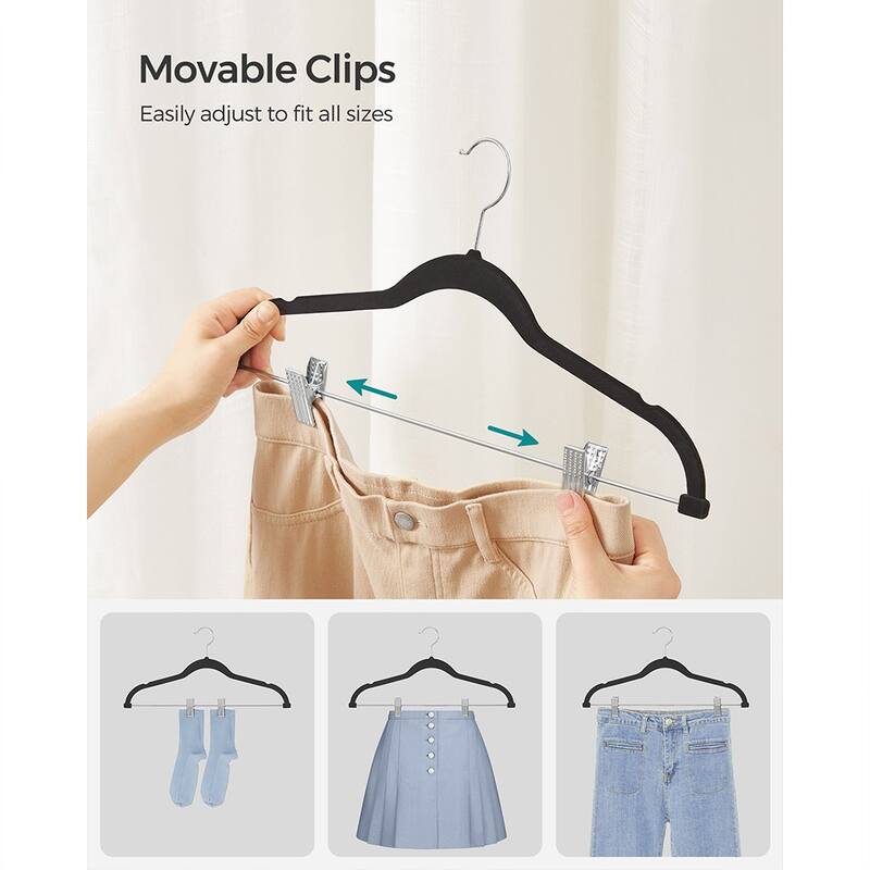Modern Plastic Non-Slip Velvet Clothes Hangers with 2 Adjustable Clips Suitable for Trousers and Skirts