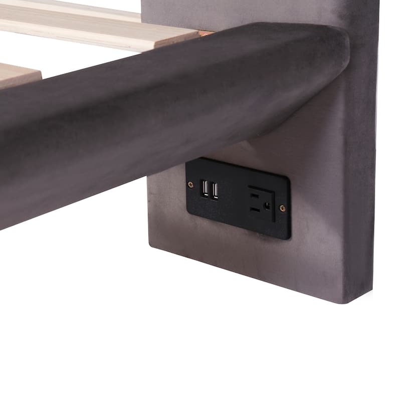 Queen Velvet Upholstered Platform Bed with Motion Sensor Light, USB Ports, and Floating Frame, Elegant Design