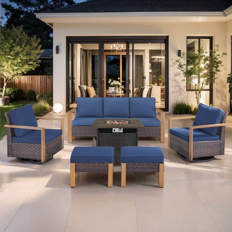 Pocassy Outdoor Fire Pit Conversation Set 3-Seat Sofa Chairs Patio Furniture Set - Brown Wicker Blue Cushion - 6-Piece Sofa Swivel Chair Ottoman with Fire Table
