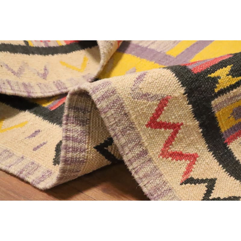 Hand Woven Oriental 100% Wool Carpet Southwestern Tribal Yellow & Gold Kilim Area Rug - 5' 0'' X 3' 3''