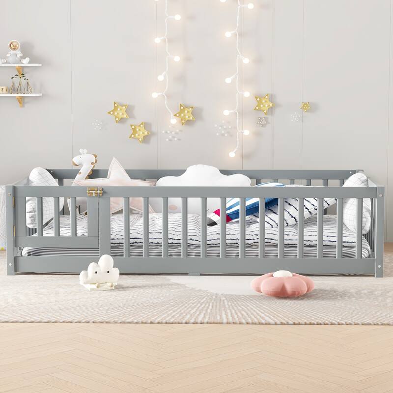 Montessori Toddler Floor Bed with Fence and Switchable Door, Low Profile Bed Frame with Removable Slats, Safe Transition Bed
