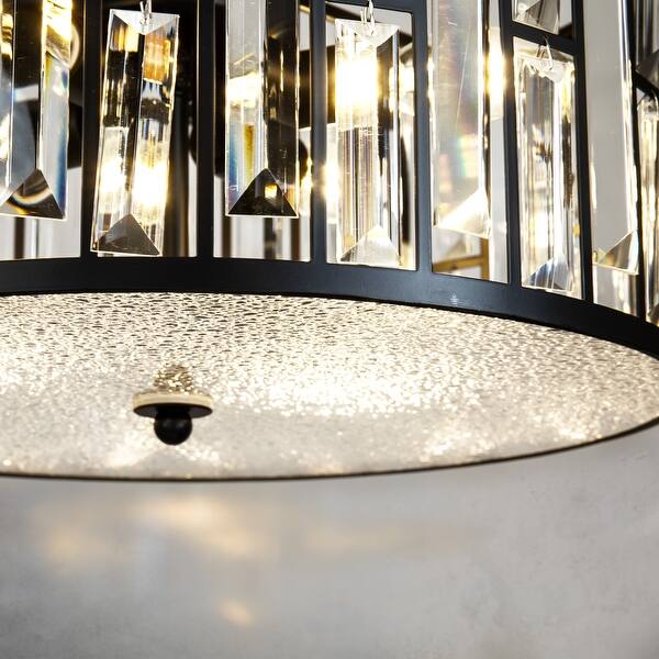 Add Some Sparkle! 17.7-inch Black & Crystal Chandelier, 4-light Adjustable Pendant - Modern Drum Style For Dining Room, Kitchen, Or Entryway.