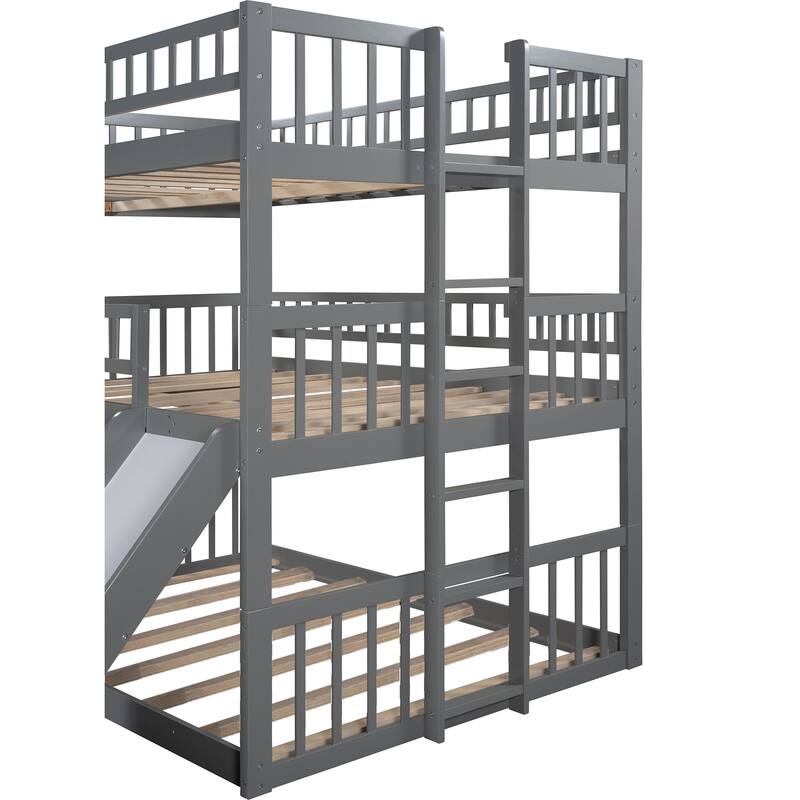 Triple Bunk Bed with Built-in Ladder, Slide, and Guardrails, Gray