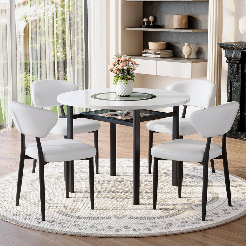5-Piece Dining Table Set, 42" Modern Round Table with Lower Shelf, 4 Chairs, Minimalist Dining Table and Chairs Set for 4