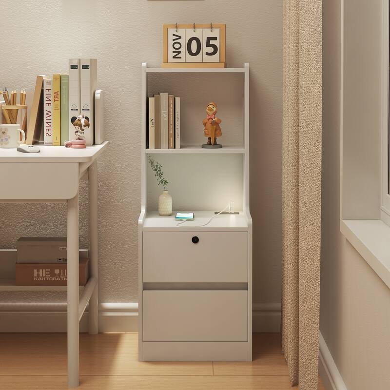 Nightstand with Charging Station, Smart Nightstand with Night Light, Modern Night Stand with Bookshelf