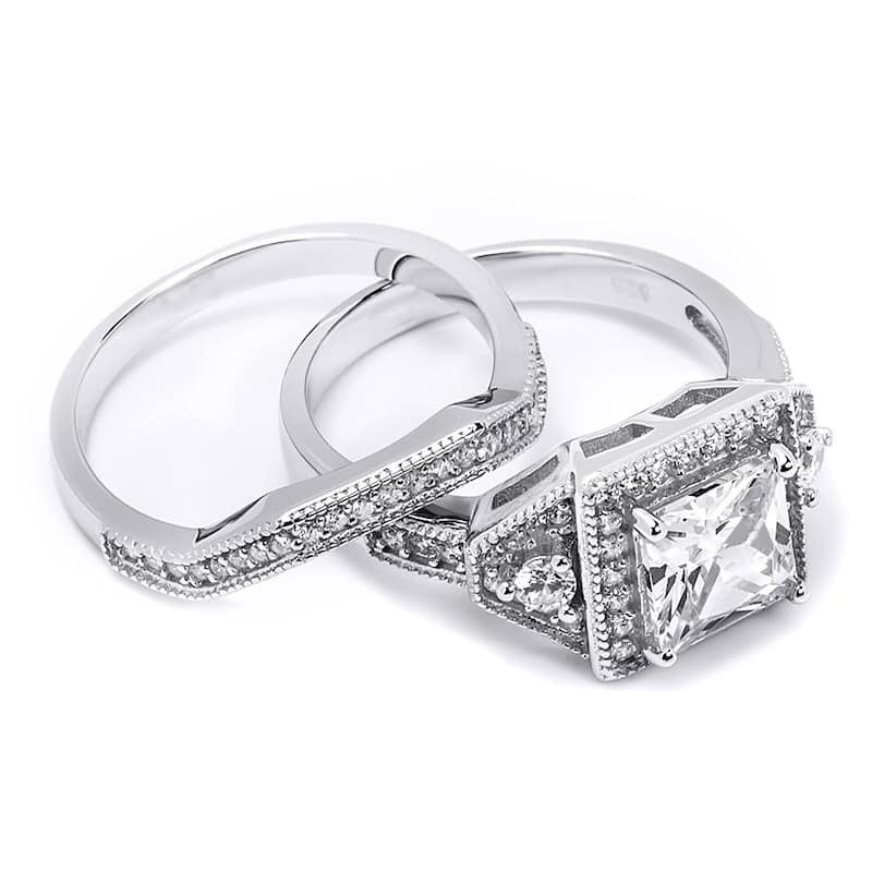 Sterling Silver Brilliant 3.0 CT Wedding Band Ring Set Princess Cut