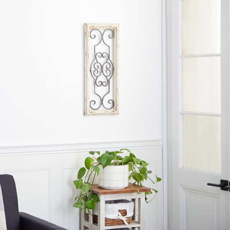 White Wood Small Panel Scroll Home Wall Decor with Black Metal Scrollwork
