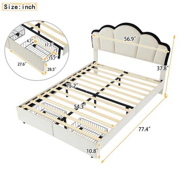 dimension image slide 1 of 2, Full Size Upholstered Princess Platform Bed with LED and Storage Drawers