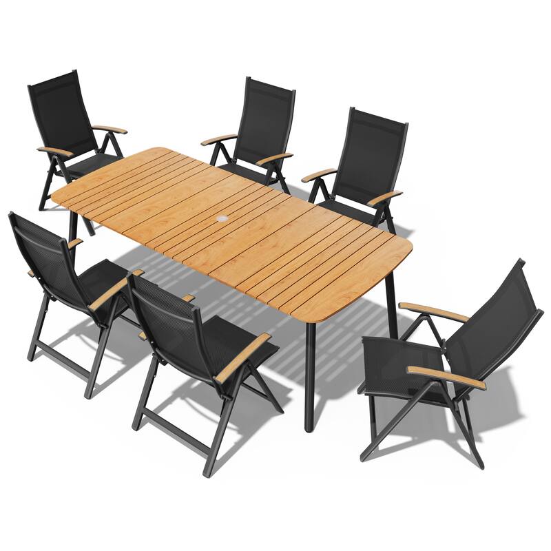 7/9PC Patio Dining Table Rectangular Aluminum Outdoor Table with Folding Chairs