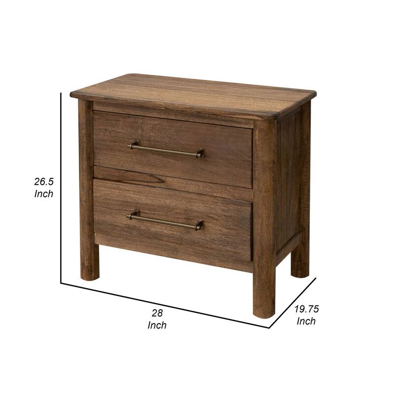 Olum 28 Inch Nightstand, 2 Drawers, Metal Handles, Solid Mango Wood, Brown