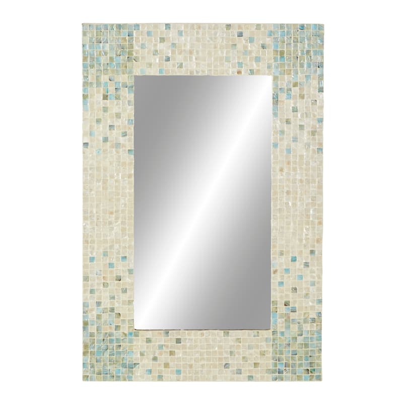 Mother of Pearl Shell Handmade Mosaic Wall Mirror with Blue Corners - Cream - Roche River Decor