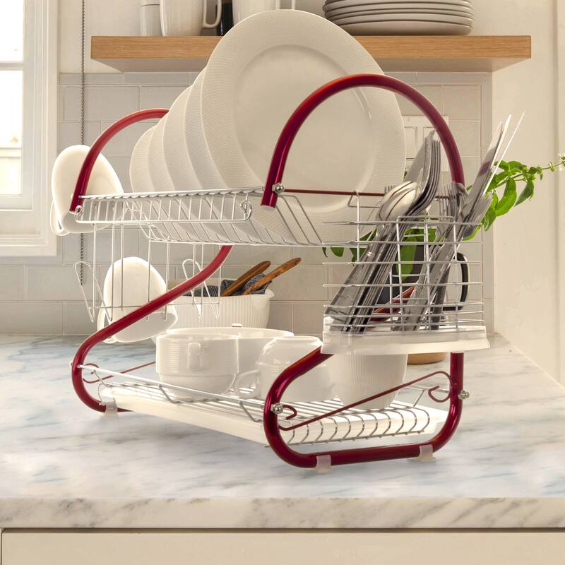 Space-Saving 16 Inch Dual Shelf Countertop Dish Rack in Red