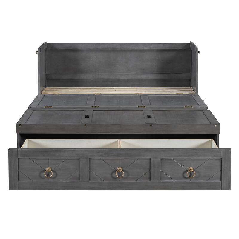 Space-Saving Full Murphy Bed with USB Port, Power Outlets & Large Drawer - Convertible Cabinet Design