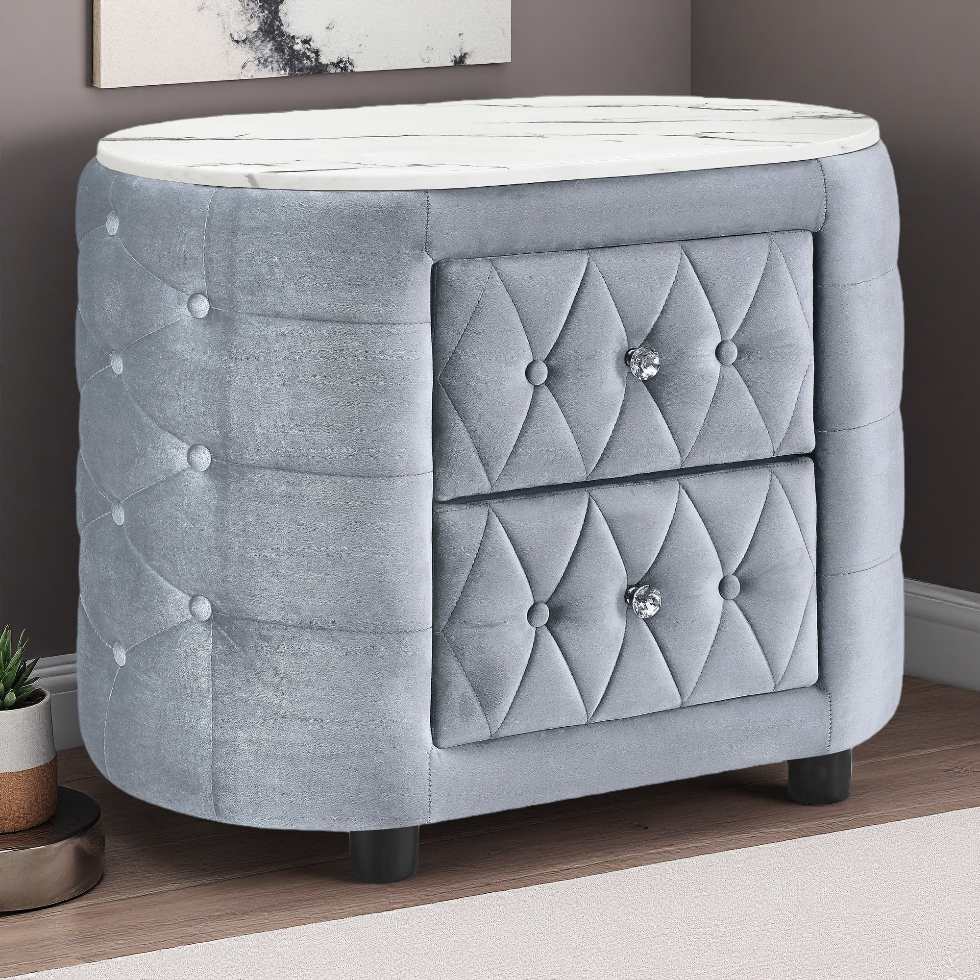 31"L Oval Wooden Nightstand with Faux Marble Top, Velvet Upholstery, Button-Tufted, 2 Drawers