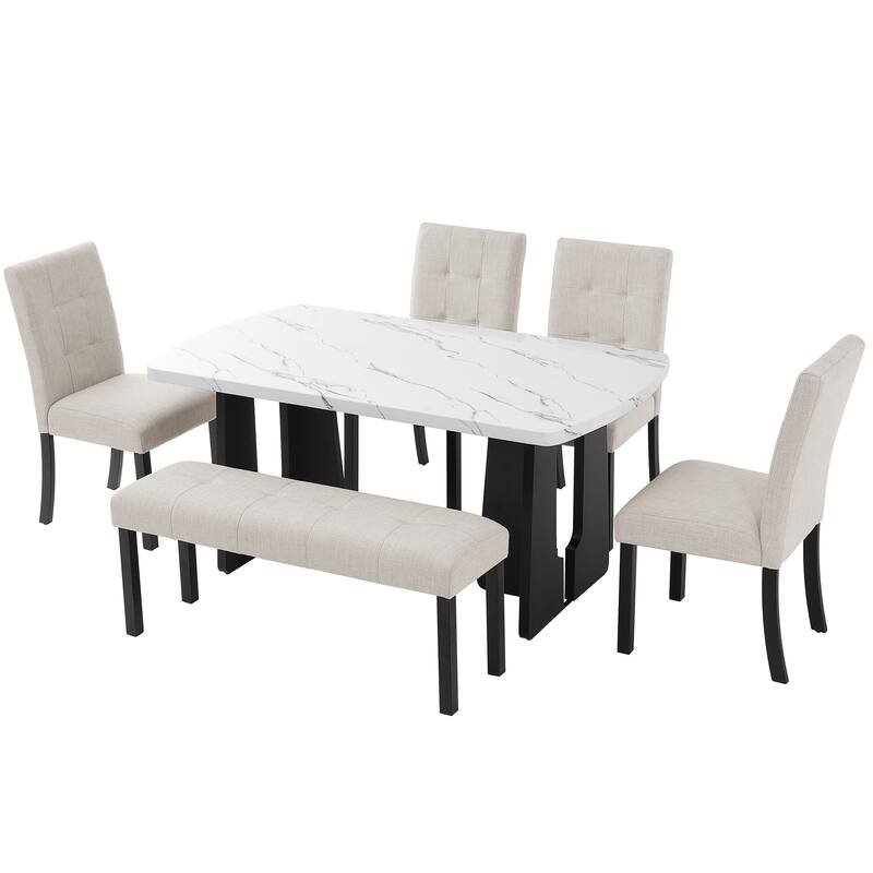 Dining Table Set for 6, Modern Dining Room Set with 63" Faux Marble Dining Table and 4 Upholstered Chairs for Kitchen