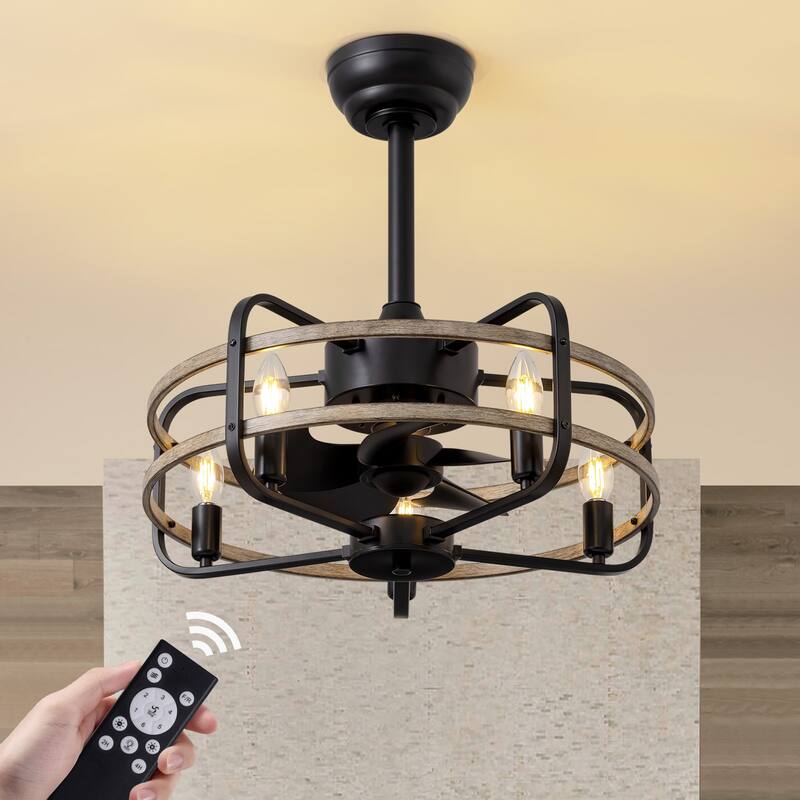 Industrial Black Caged Vintage Chandelier Ceiling Fan with Lights and Remote Control - 20''-5 Lights